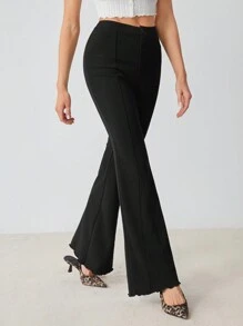 SHEIN Tall 女士纯色前扣喇叭休闲裤，适合日常穿着 - 黑色 - 查看 1