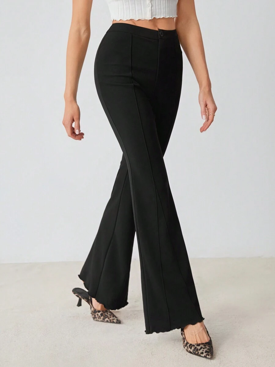 SHEIN Tall 女士纯色前扣喇叭休闲裤，适合日常穿着 - 黑色 - 查看 1