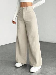 SHEIN PETITE Women's Solid Color Front Button Casual Wide Leg Pants, Suitable For Daily Wear