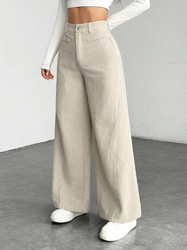 SHEIN PETITE Calça social de perna larga com botões na frente, em cor sólida, adequada para uso diário - Damasco - Visão 6