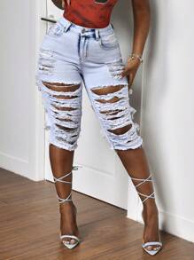 Slaydiva Jeans en denim simple délavé avec poches et boutons devant pour femmes, style casual - Bleu azur - Voir 1