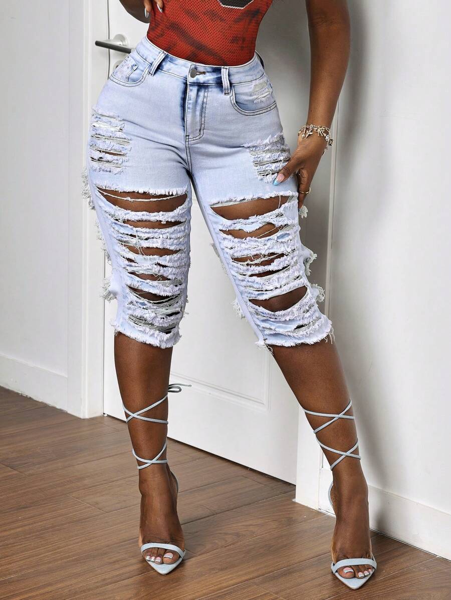 Slaydiva Jeans en denim simple délavé avec poches et boutons devant pour femmes, style casual - Bleu azur - Voir 1