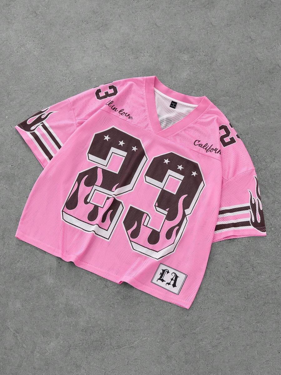Aesthetic Post--Men's Sportswear College INS Basketball Jersey, Mesh Fabric, Oversized Number 23 Los Angeles Lettering Flame Print, Loose-Fit Pink V-Neck Short Sleeve T-Shirt . Jersey Shirt ,Men's V-Neck Short Sleeve Numeric Print Simple T-Shirt, Casual Everyday Wear - Pink - View 1