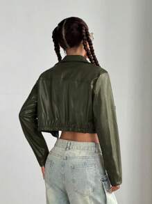 StreetHx Cropped Burgundy Leather Zip-Up Jacket - Olive Green - View 2