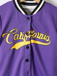 SHEIN 2pcs/Set Young Boy Striped & Letter Printed Front Button Short Sleeve Top And Shorts Set - Purple - View 6