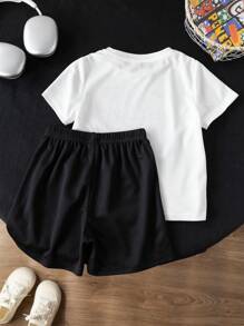 2pcs/Set Boys Kids Casual Sports Letter Print Contrast Color Drawstring Round Neck Short Sleeve T-Shirt And Shorts Set, Black & White Knit Outfit Suitable For Toddlers, Back To School, Parties, Daily Wear, School, Travel, Sports, Spring & Summer