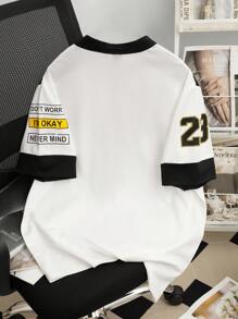 Manfinity Roghcode 男士纯色拼布前拉链字母图案 Polo 衫，夏季时尚街头风格“纽约”“23”印花，适合日常穿着，是送给男朋友和丈夫的完美礼物 - 彩色 - 查看 2
