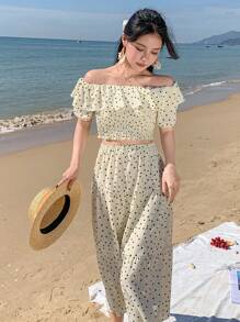DAZY 1 Set Women Dot Pattern Off-Shoulder Ruffle Top & Skirt Two-Piece Outfit - Beige - View 6