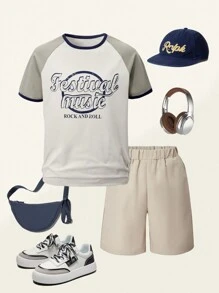 SHEIN Set de 2 piezas para niños mayores que incluye camiseta de manga corta con estampado vintage americano y pantalones cortos casuales a juego