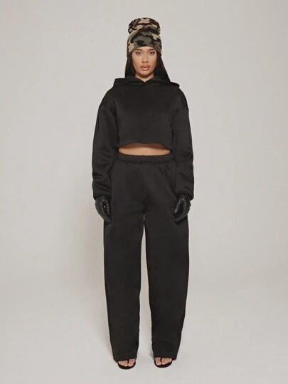 SUMWON WOMEN 运动休闲短款连帽慢跑套装超大冬季家居服健身训练街头服饰搭配迷彩帽