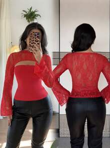 Gloray Women Crew Neck Solid Color Knit Tight Fit Lace Trim Mock Neck Flared Sleeves Blouse Fall Cloth For Women - Red - View 1