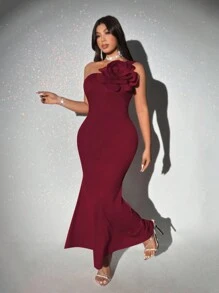 Viva Relle 大码女式优雅不对称无袖 3D 大码花卉连衣裙新年服装长款女装 - 酒紅色 - 查看 2