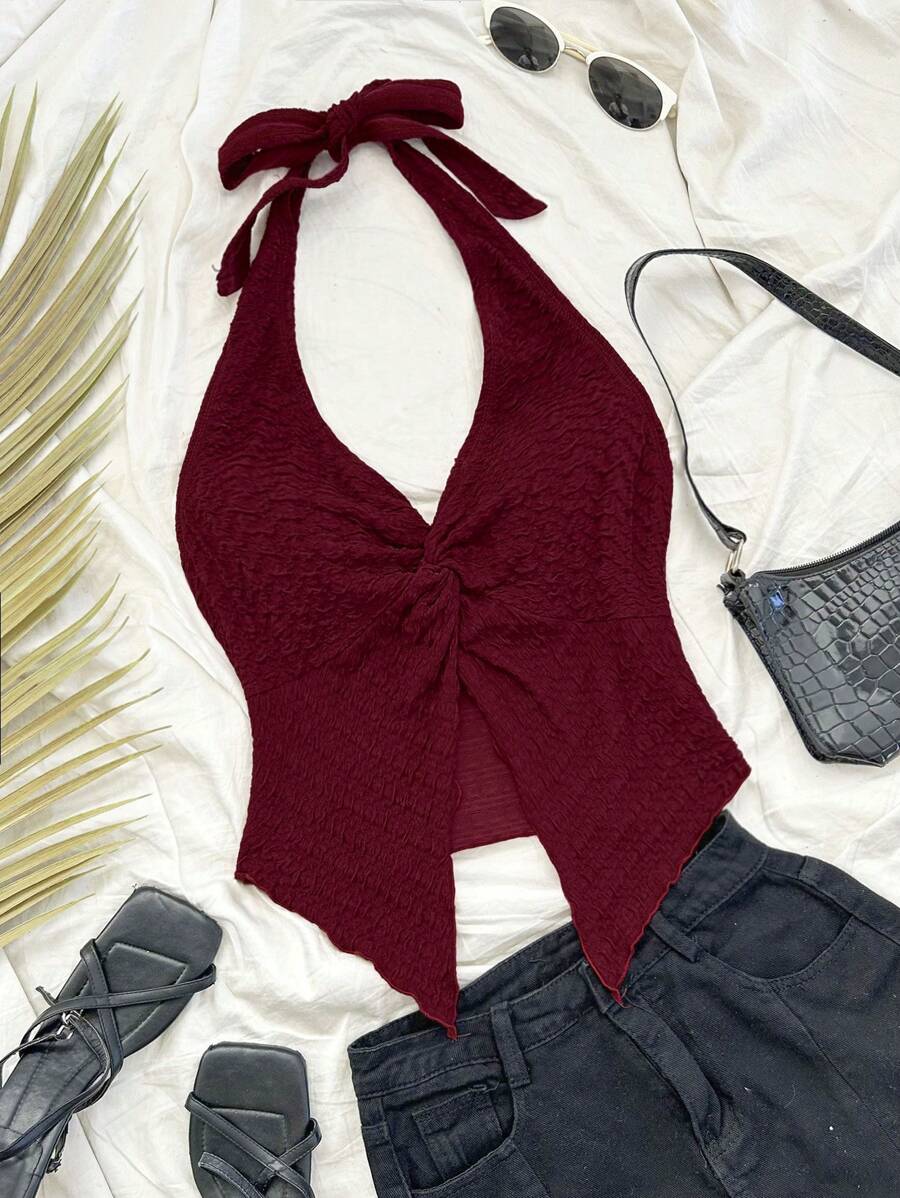 Soleia 女士夏季度假无袖系结前罗纹褶皱紧身背心，适合派对、情人节、复活节、狂欢节、海滩、游轮、城市观光、下午茶