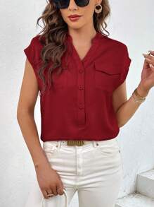 SHEIN Essnce Blusa casual y de oficina con cuello entallado de unicolor para mujeres - Burdeos - Ver 3