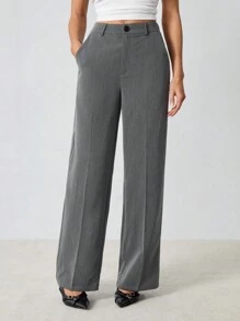 SHEIN Tall 春夏纯色深灰色高腰西装直筒裤