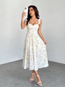 SHEIN PETITE 浪漫花卉印花肩带系腰女式夏季长裙、夏季女式连衣裙、布里奇顿风格连衣裙、花卉连衣裙 - 白色 - 查看 5