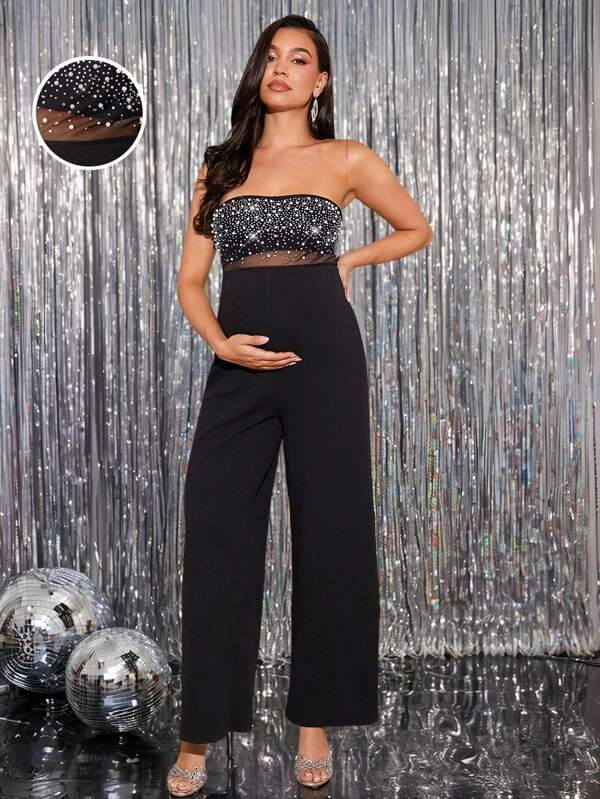 MaterniChic Maternity Pregnant Women Sleeveless Glitter Jumpsuit Patchwork Solid Color Wide Leg Jumpsuit, Suitable For Party, Wedding, Evening Event