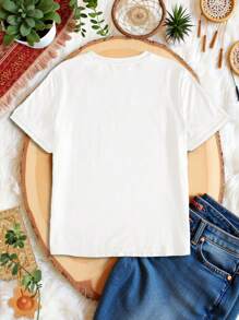 SHEIN Leap Crew Tween 女童休闲花卉图案短袖圆领 T 恤，适合春夏季 - 白色 - 查看 2