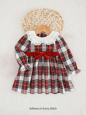 Cozy Pixies Vestito da bambina con colletto Peter Pan, decorazione con fiocco, stampa a quadri, maniche lunghe, vita raccolta, adatto per Natale