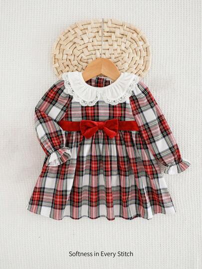 Cozy Pixies 女婴彼得潘领子、蝴蝶结装饰、格子印花长袖收腰连衣裙，适合圣诞节