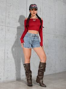 SHEIN PETITE Pantalones cortos de verano de mujer de moda de mezclilla con bolsillos en diagonal