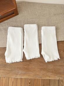 SHEIN LMoss Kids 3 件套年轻女孩针织纯色修身休闲紧身裤短裤 - 白色 - 查看 3