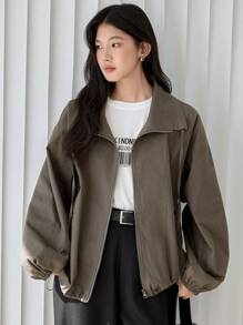 Dazy-Less Loose Fit Cargo Style Women Jacket With Large Pockets Old Money Style,Fall Clothes,Back To School Clothes Business Casual Woman Work Clothes - Grey - View 3