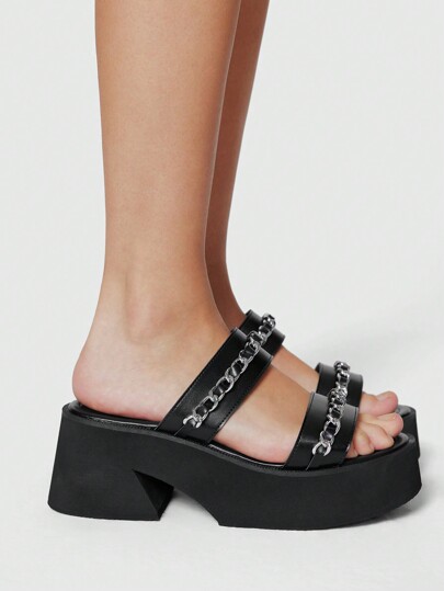 Grunge Punk Multiple Strap Buckle Design Round Toe Thick Heel Platform Punk Style PU Material Black Roman Sandals, Suitable For Graduation Photos, Professional Occasions Spring Shoes Spring Break Easter