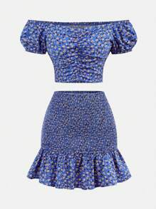 SHEIN Girlism Teen Girls Casual Blue Ditsy Floral Off Shoulder Ruffle Bow Decor Cropped Top And Ruffle Hem Skirt 2 Pieces Outfit Set, Spring/Summer, Vacation - Blue - View 9