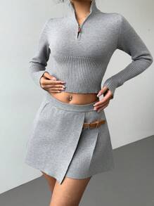 Aloruh 2pcs Women Casual Solid Cropped Sweater And Mini Skirt Set, Autumn/Winter - Grey - View 6
