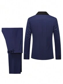 Manfinity Mode 纯色三件套西装套装：西装外套、上衣和裤子，休闲时尚，适合日常穿着，男友礼物 - 藍色 - 查看 3