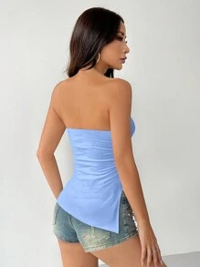 SHEIN PETITE Women's Solid Color Ruched Bandeau Crop Top, Minimalist Fitted Design - Blue - View 2