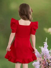 Emery Rose Kids Emery Rose Kids Đầm dệt kim tay lỡ cổ vuông bèo nhún nơ màu đỏ cho bé gái, thích hợp cho ngày lễ tình nhân, đám cưới, lễ hội - Đỏ - Xem 4