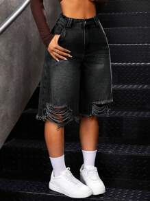SHEIN ICON 女士休闲做旧洗水牛仔短裤 - 黑色 - 查看 3
