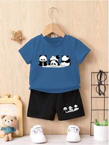 SHEIN 2pcs Baby Boy Casual And Sporty Outfits With Cute Panda Print, Perfect For Spring And Summer Outdoorsy Look