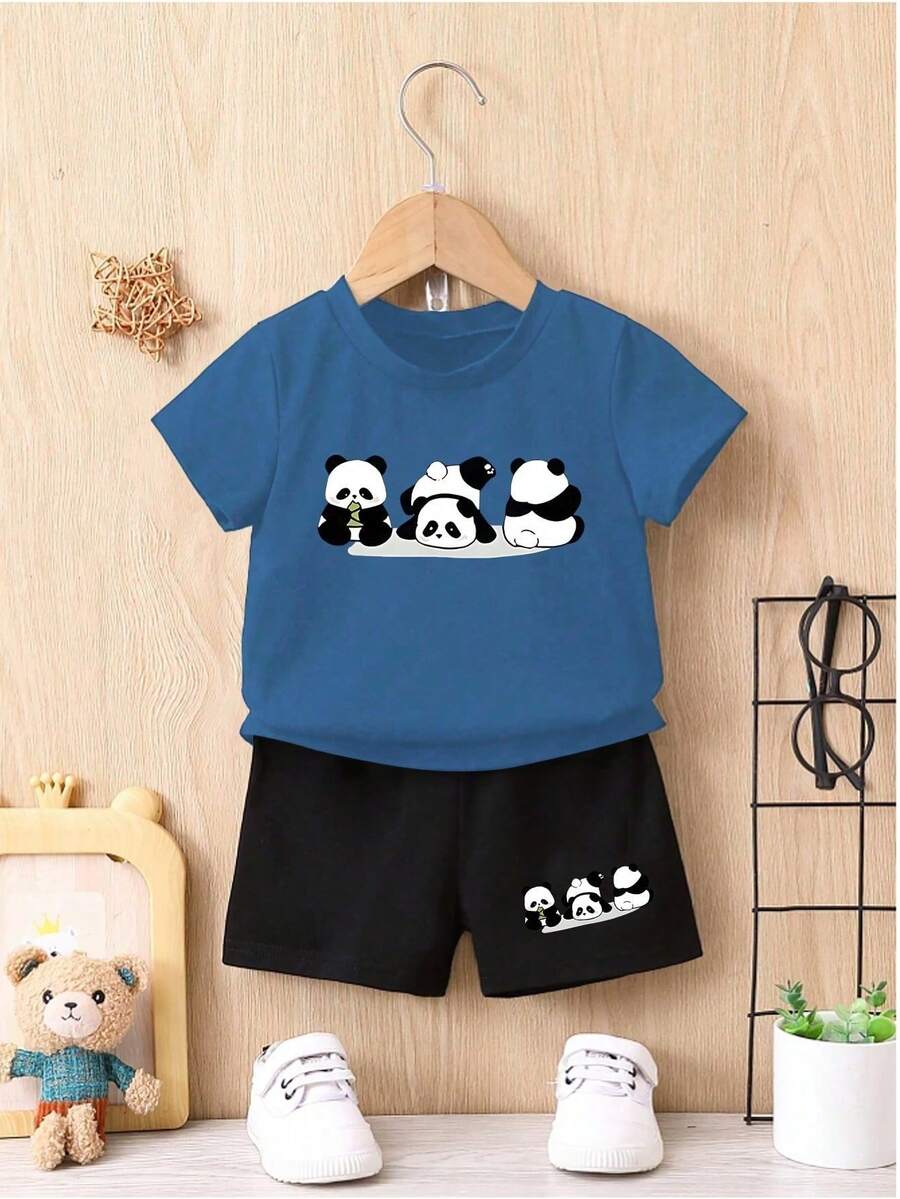 SHEIN 2 件装男婴休闲运动装，印有可爱熊猫图案，非常适合春夏户外装扮 - 藍色 - 查看 1