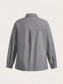SHEIN EZwear Áo sơ mi tay dài họa tiết kẻ caro xám rộng rãi cỡ lớn, mùa thu/đông - Xám - Xem 2