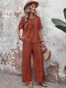 EMERY ROSE Women's Solid Color Short Sleeve & Pants Set, Casual Vacation Outfit - Rust Brown - View 5