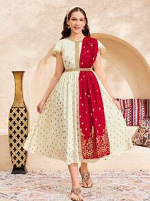 SHEIN 少女金丝带、箔、金色、红色、传统图案波尔卡圆点披肩二合一短袖箔传统奢华宽松 A 字裙、奢华假日 - 杏色 - 查看 5