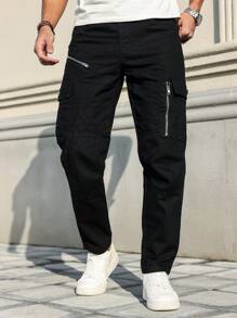 Manfinity Homme Jeans casuales versátiles de unicolor con cierre de cremallera para hombres - Negro - Ver 1