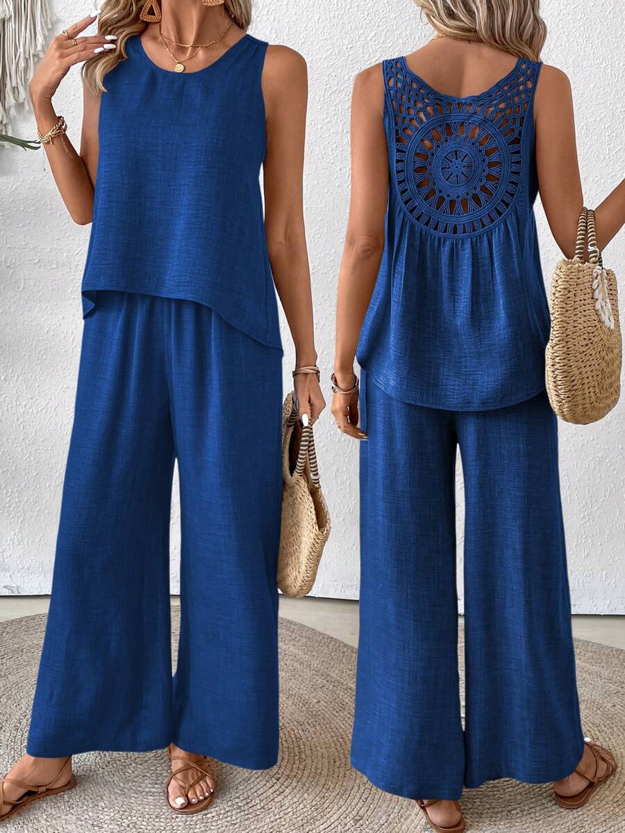 Breezaya 2pcs Women Sleeveless Solid Color Top And Pants Set - Royal Blue - View 1