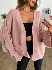 EURMUSE 休闲 V 领之字形口袋下摆细节纯色纽扣开衫 - 粉色 - 查看 5