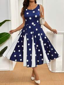 Celure Vestido casual de verano de fiesta con cuello redondo, sin mangas, de tallas grandes, con parches de lunares