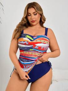 Multi-Color Plus Size Casual Vacation Women Camisole Tankini Set, For Summer Beach - Multicolor - View 4