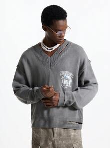 NEON BLANC Men's Streetwear V-Neck Loose Short Style Long Sleeve Sweater, For Fall Winter - Grey - View 4