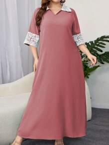 Al Najma Plus Size Plain Color Block Collared Casual Abaya Dress - Dusty Pink - View 3