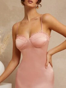 L'Amorae Women's Elegant Dusty Pink Satin Lace Trim Fitted Camisole Bustier Midi Dress,Summer Party Prom Wedding Valentine's Day Long Dress For Evening - Black - View 2