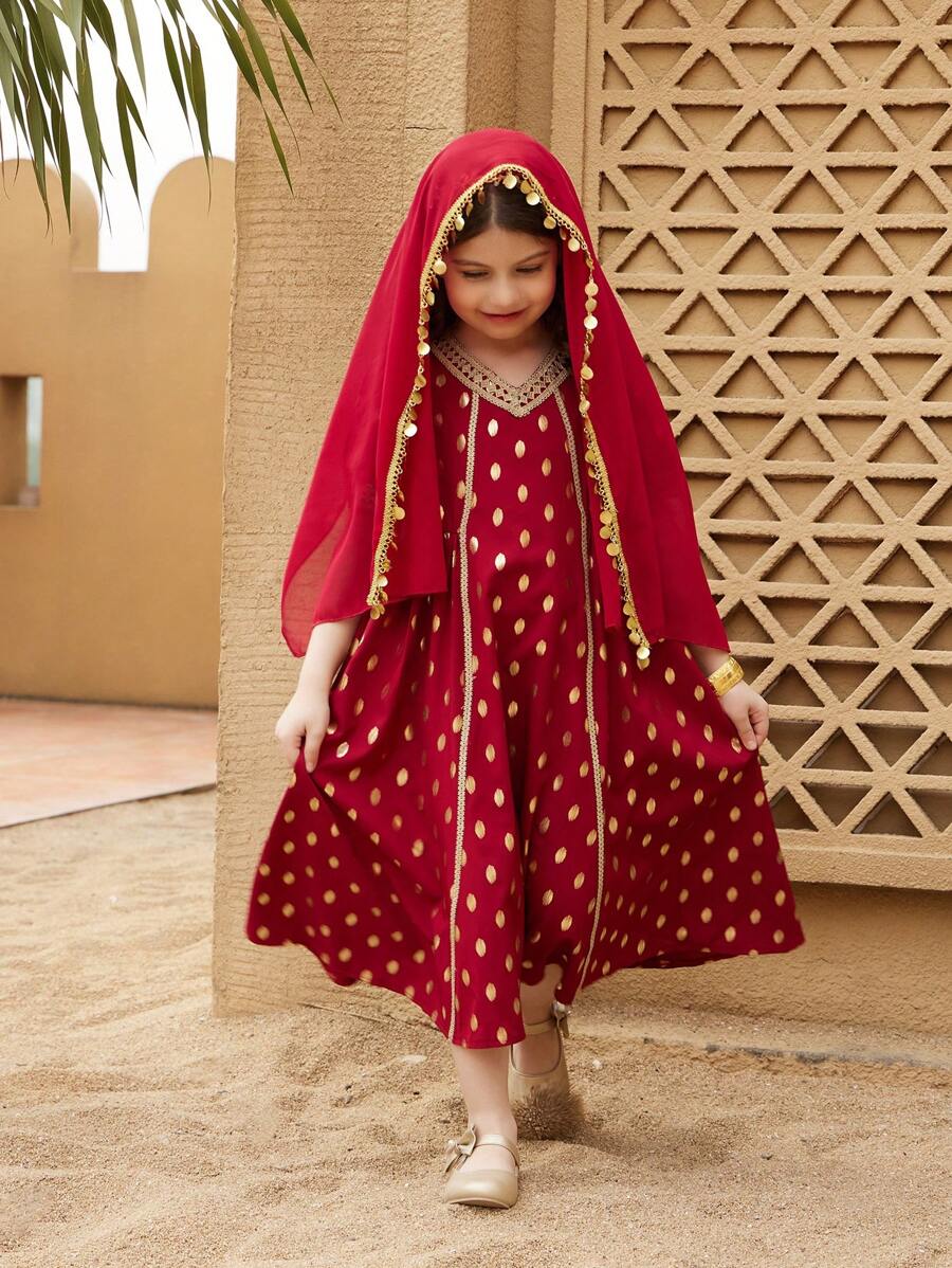 年轻女孩勃艮第长袍 Kaftan Jalabiya 束腰外衣，优雅长款斋月连衣裙，带有金色圆点复古印花，流苏头巾，适合斋月和国庆节庆祝活动 - 酒紅色 - 查看 1