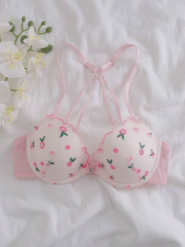 FloralLove Sutien lenjerie intimă elegant, cu broderie florală, închidere frontală, push-up, cupe 3/4, cu armătură, roz și alb, model kawaii