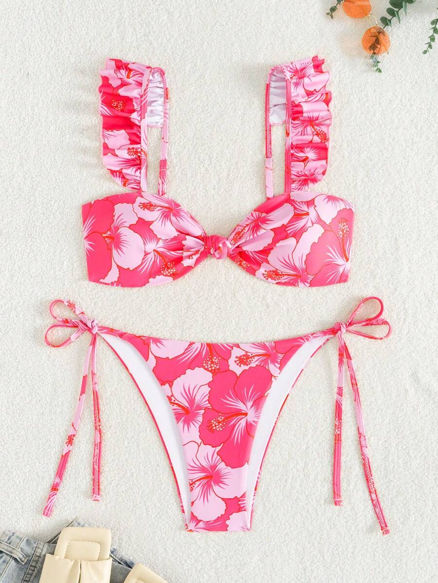 Springbreak 女士泳衣夏季海滩多色随机花卉印花荷叶边扭结可爱比基尼套装 - 粉色 - 查看 1